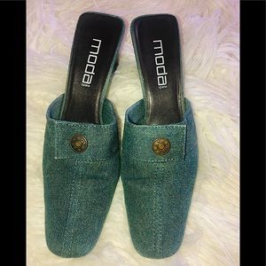 DENIM WEDGE SLIDES